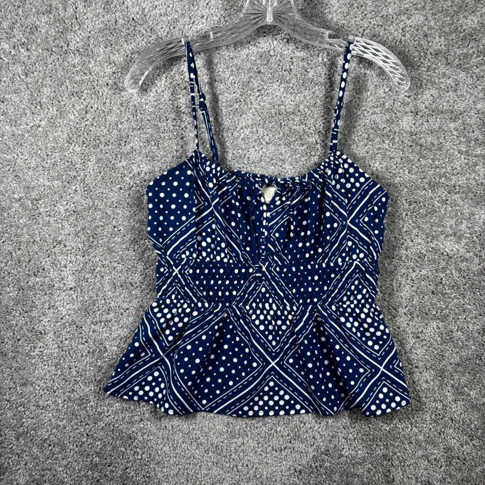 Monteau Los Angeles Blue White Polka Dot Smocked Peplum Cami Top Medium
